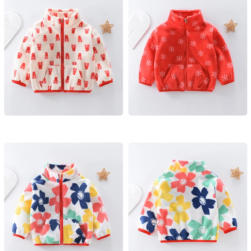 Baby Girls Fleece Coat Kids Cartoon Printed Outerwear Autumn Winter Warm Jacket 1 To 8Yrs Children\'s Thicken Clothing Casual