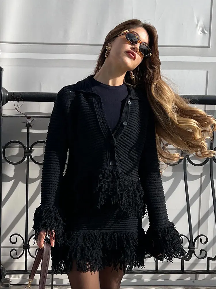 HH Female Vintage Knitted Solid 2 Piece Set Long Sleeve Single Breasted Lapel Tassel Hem Cardigan+Elastic Waist A-line Skirt