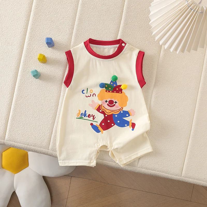 

2025 Summer Newborn Baby Romper Cartoon Clown Print 95% Cotton Sleeveless Shoulder - Open One - Piece Crawling Clothes