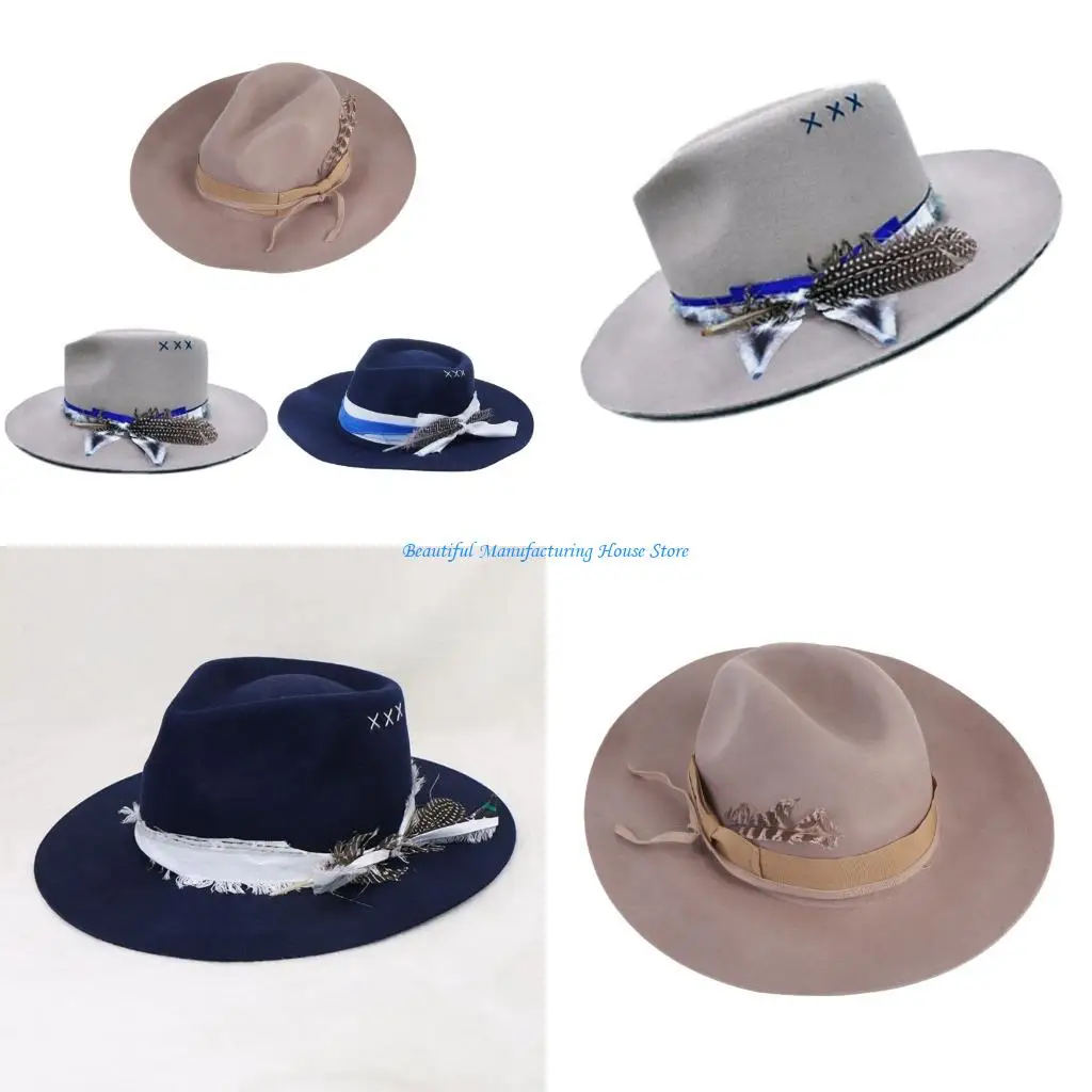 E56A Fashionable Wool Western Hat for Men and Women with Feathered and Woven Belt Fedoras for Everyday Wear and Special Event