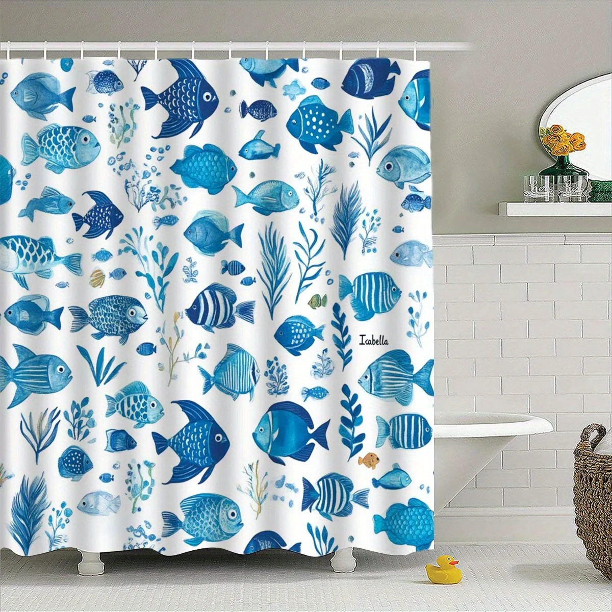 1pc Blue Fish Pattern Shower Curtain - Machine Washable Fabric with Hooks, Playful Marine Life Design for Hotel Bathroom Decor