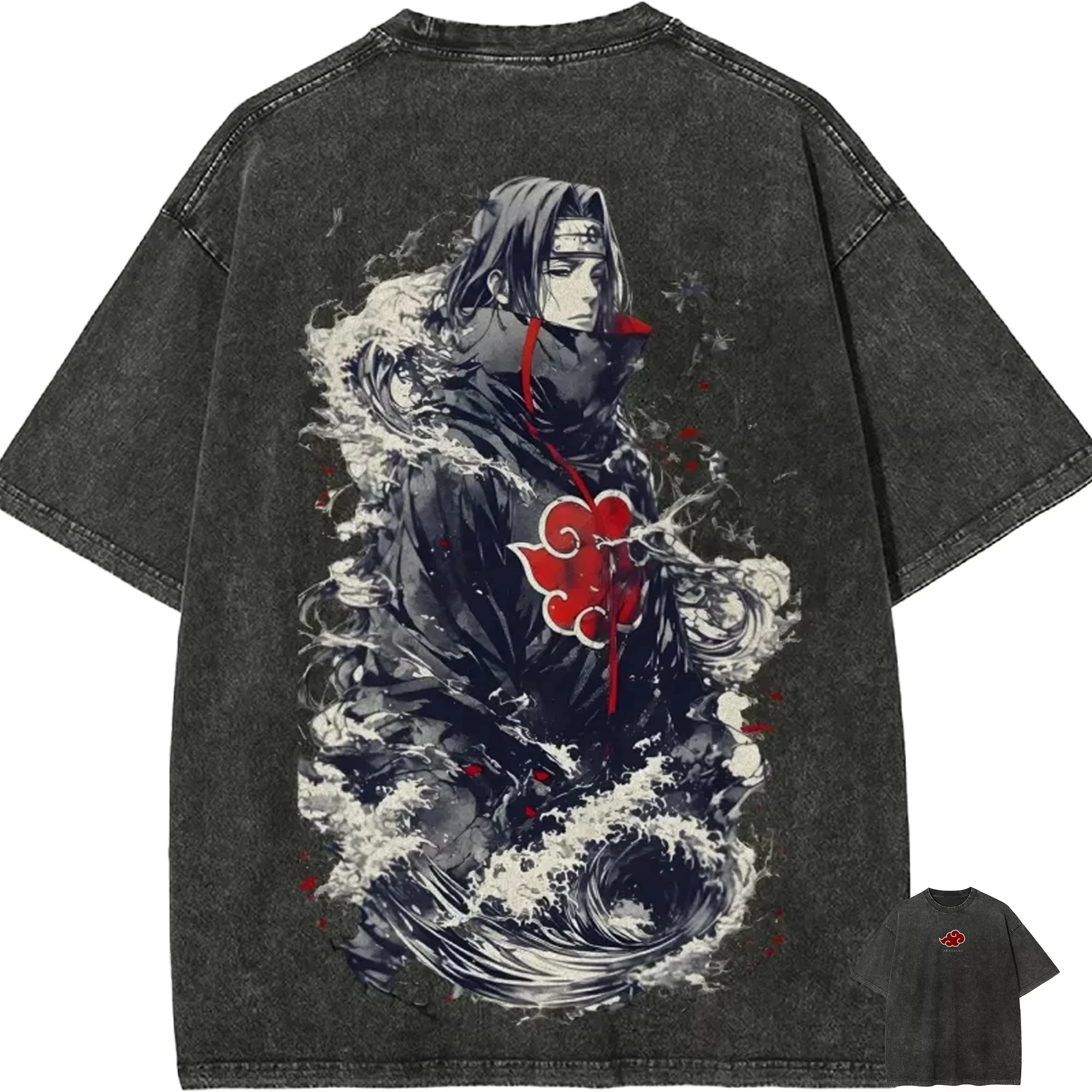 NEUES Naruto Itachi Uchiha T-Shirt Akatsuki Great Wave Vintage Acid Wash Streetwear Retro Anime Grafik Herren T-Shirts Kleidung