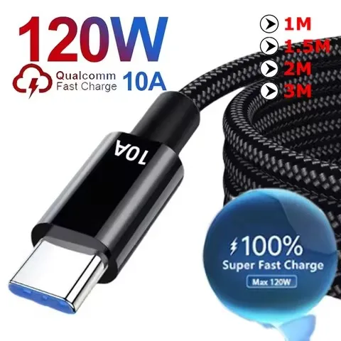 Câble 10A 120W, câble de charge ultra rapide USB A vers C, câble de données tressé, câble de charge rapide, transfert de données haute vitesse pour téléphone