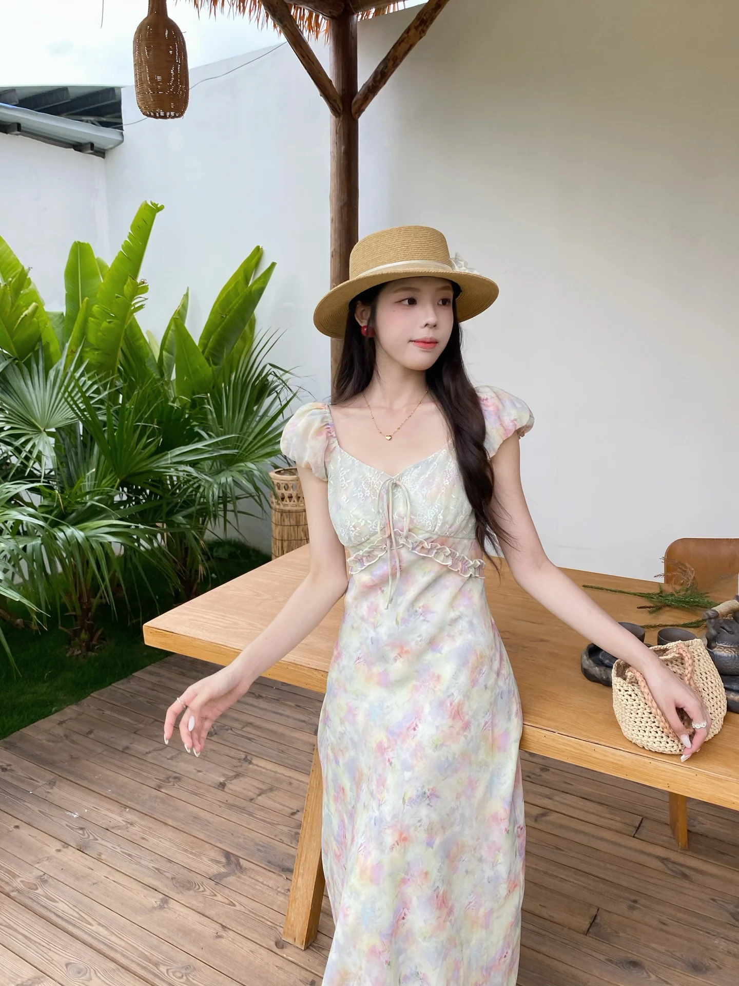 

MOBAI Summer Floral Gradient Dress Women's Lace Ear Long Slimming Skirt Vacation Style High Waist Short Sleeve Polyester Dress