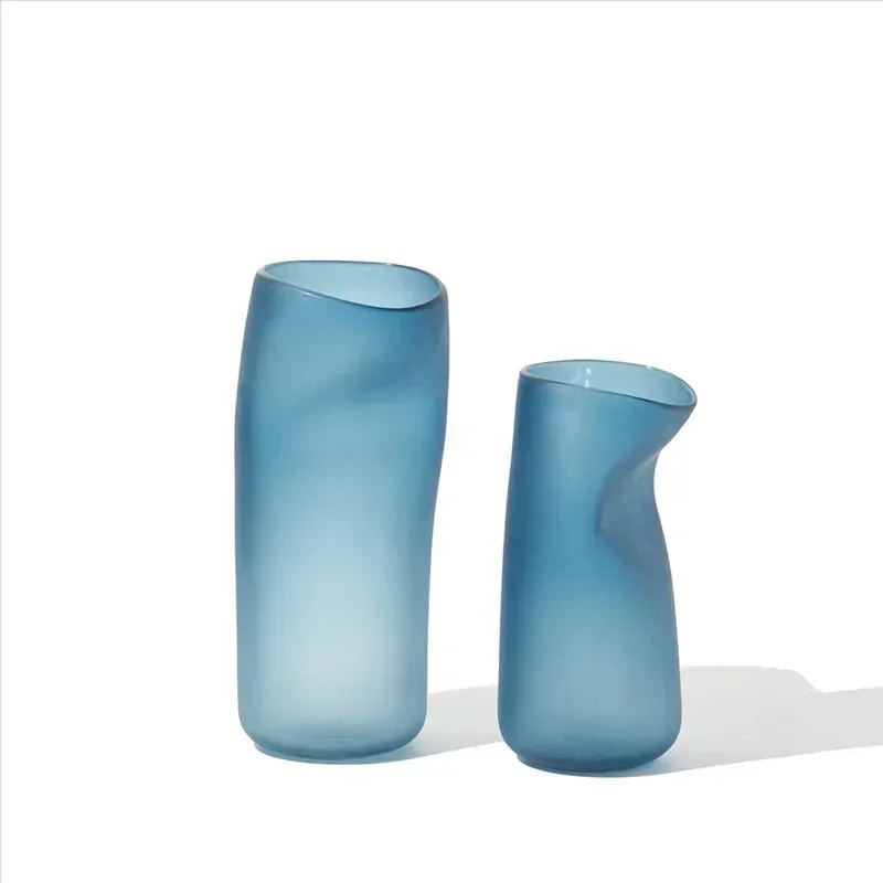 

Light luxury creative Klein blue handmade special-shaped straight frosted glass vase living room peacock blue countertop vase