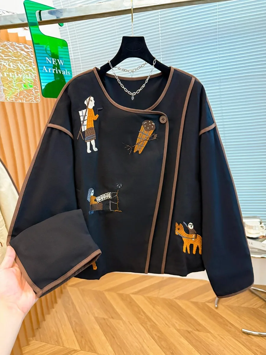 

Authentic Heavyweight Embroidered Linen ort Jaet Casual Loose Fit round Ne Top for Women Autumn Season Everyday Wear