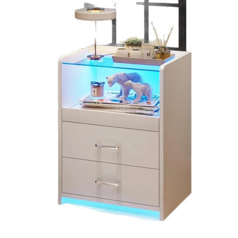 Smart bedside table with lamp, upper and lower double-layer RGB ambient light, open storage