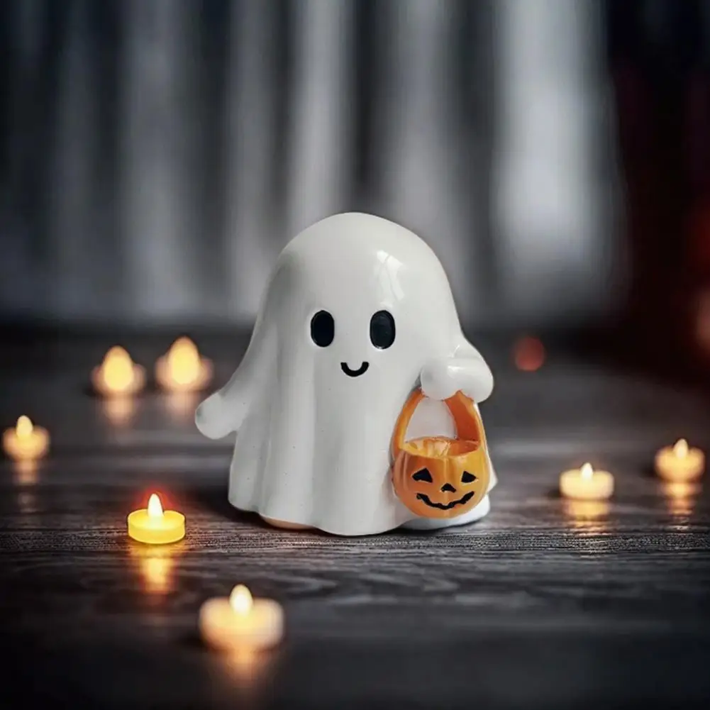 Halloween Ghost Ornament Spooky Halloween Ghost Figurines with Pumpkin Lanterns for Home Office Decor Resin Ghost for Halloween