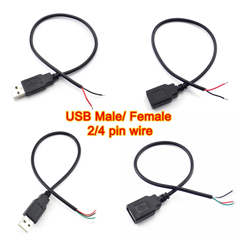 Cabo de alimentação usb 0.3m/1m 5v, 2 pinos usb 2.0 a fêmea macho 4 pinos fio jack carregador cabo de carregamento conector de extensão diy