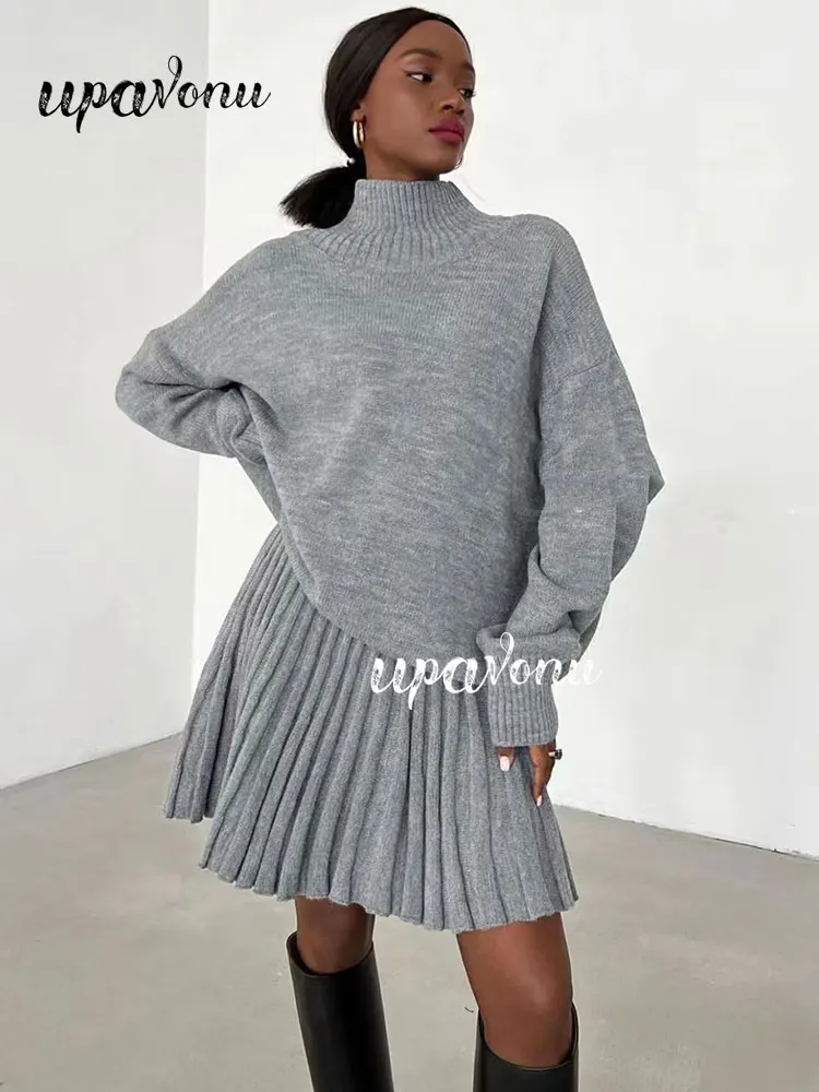 Women Pleated Skirt Suit 2022 New High Neck Long Sleeve Loose Pullover Knit Sweater & High Waist A Line Mini Skirt Two Piece Set