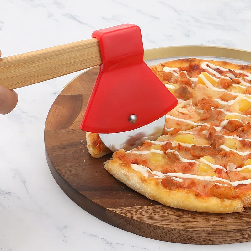 Wooden Handle Axe Shape Pizza Cutter Roller Knife Professional  Pizza Slicer Creative Baking Tools for Kitchen Home Restaur view 4
