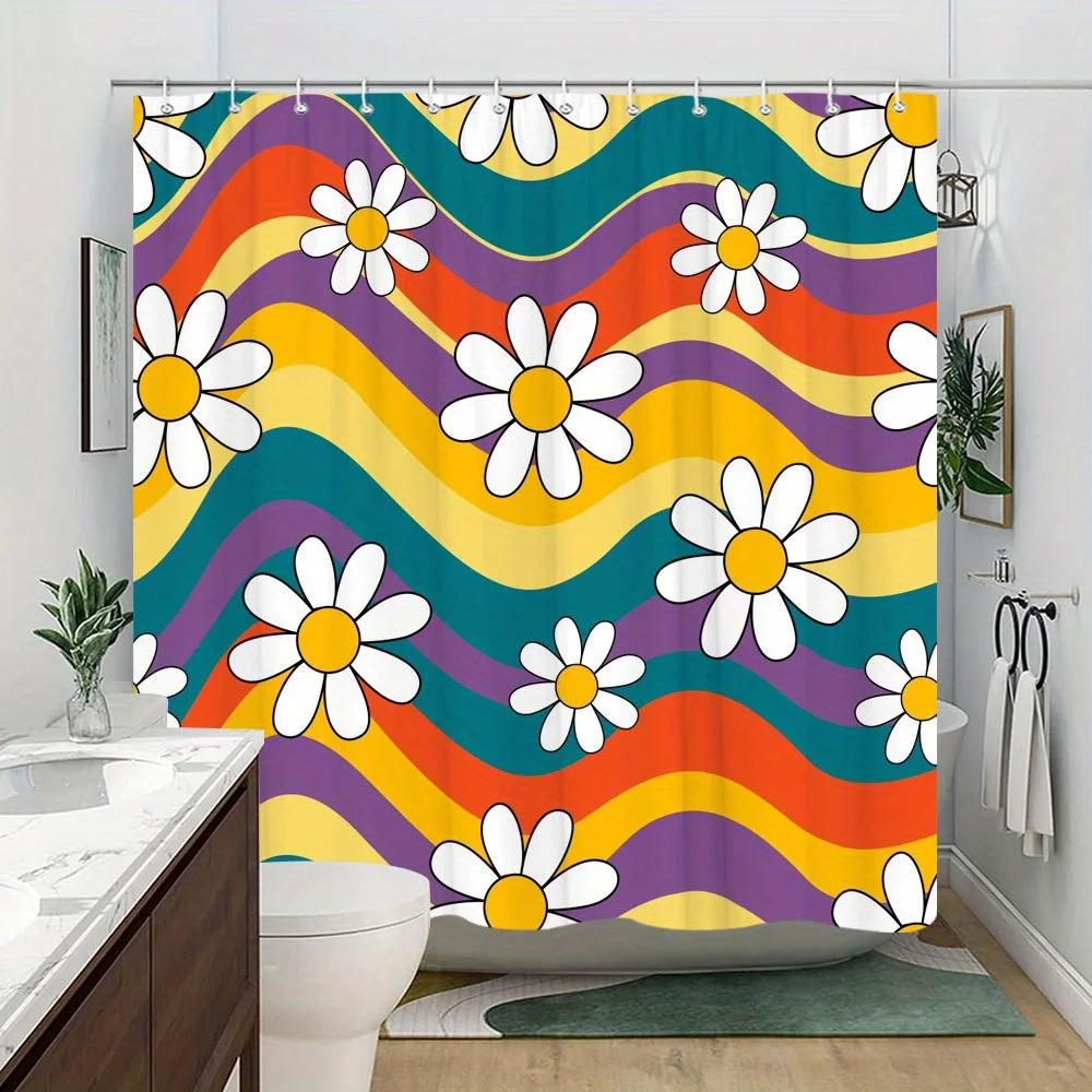 

Retro Rainbow Floral Print Waterproof Shower Curtain for Bathroom, Vibrant Daisy Design High-End Toilet Partition Curtain
