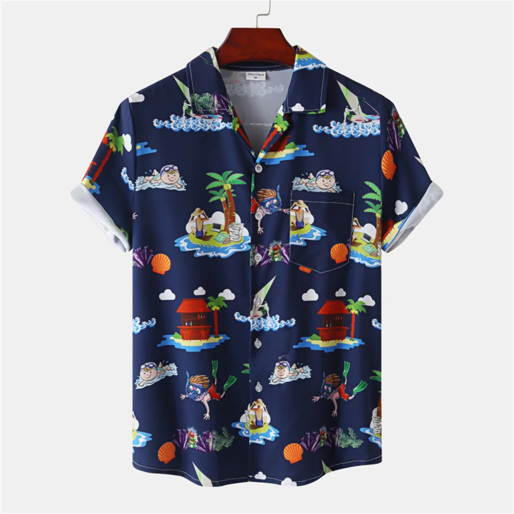 Camisa de praia havaiana masculina e feminina, estampa 3D de coco, camisa vocacional dos desenhos animados, blusa manga curta, moda botão