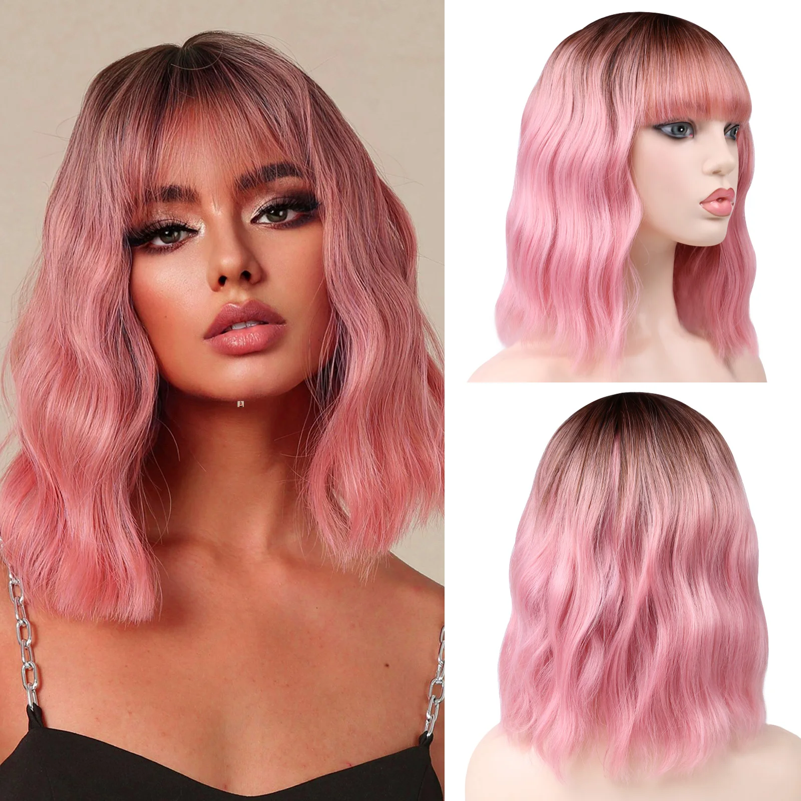 짧은 자연스러운 웨이브 가발 바디 웨이브 밥 가발 앞머리 여성용 내열 핑크 합성 밥 가발 어깨 길이