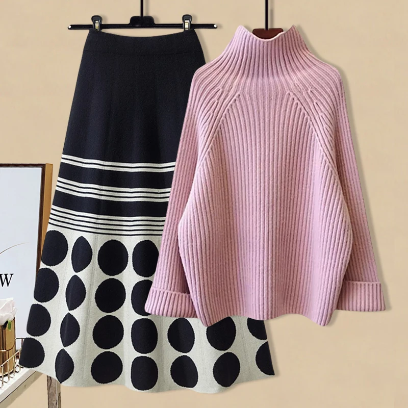 Fall Winter Warm Thicken Knitted Two Piece Sets For Woman Outfits Ladies Turtleneck Pullover Sweater+polka Patchwork Skirt Sets