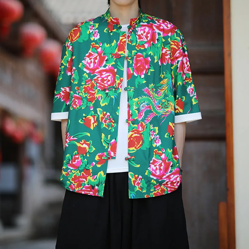 2026 Summer National Shirts Men Chinese Northeast Big Flower Short Sleeve Shirt Retro Ethnic Floral Blouse Men Casual Loose Top