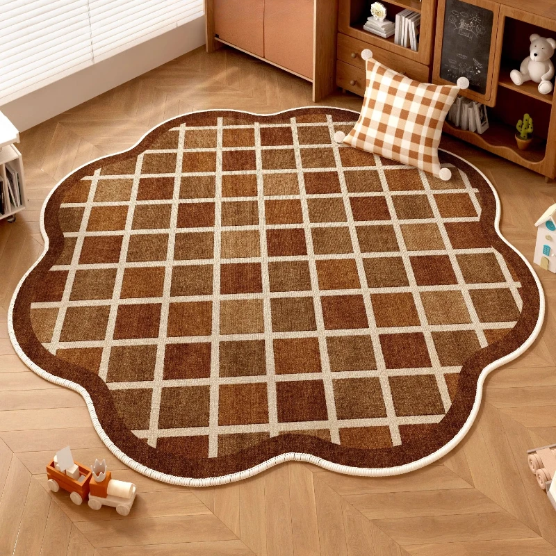 Retro Brown Living Room Decoration Round Carpet Cartoon Style Rugs for Bedroom Anti-slip Lounge Floor Mat Washable Home Soft Rug