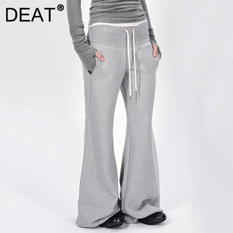 DEAT Fashion Sweat Pants Women's Drawstring Elasticity Waist Adjustable Pant Legs Loose Solid Color Bell-bottoms New 7AB8053