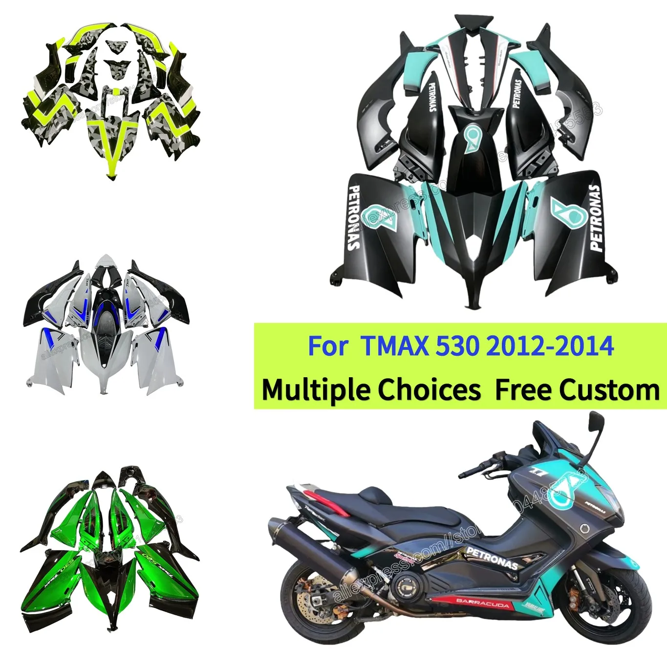 

Комплект обтекателя с литьевой окраской для Tmax 530 2012 2013 2014 T-MAX 530 TMAX 530 SJ09, бирюзовый, черный Petronas