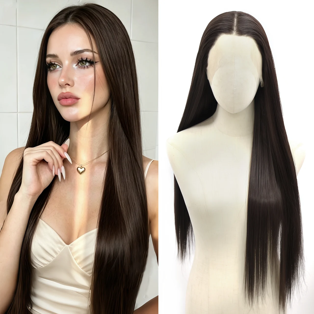 200% Density 13*4 HD Transparent Chocolate Brown Lace Front Wig Long Straight Lace Frontal Wig Chocolate Brown Color Lace Front Hair Wig Glueless Straight Natural Brown Wig Synthetic Wigs For Women