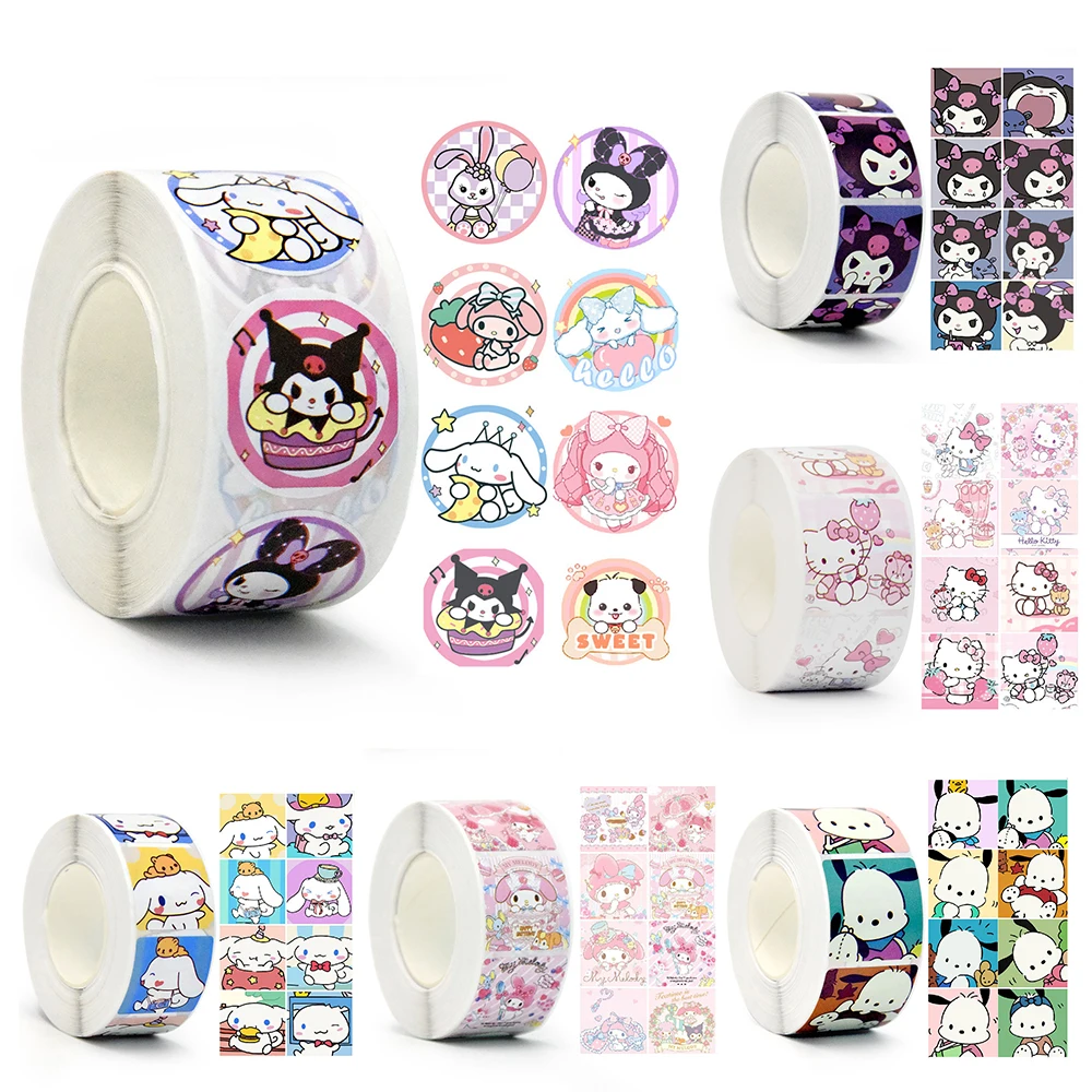 

500pcs/roll Sanrio Anime Sealing Stickers Cute Hello Kitty Kuromi My Melody Cartoon Decals Laptop Phone Kids Reward Sticker Toy