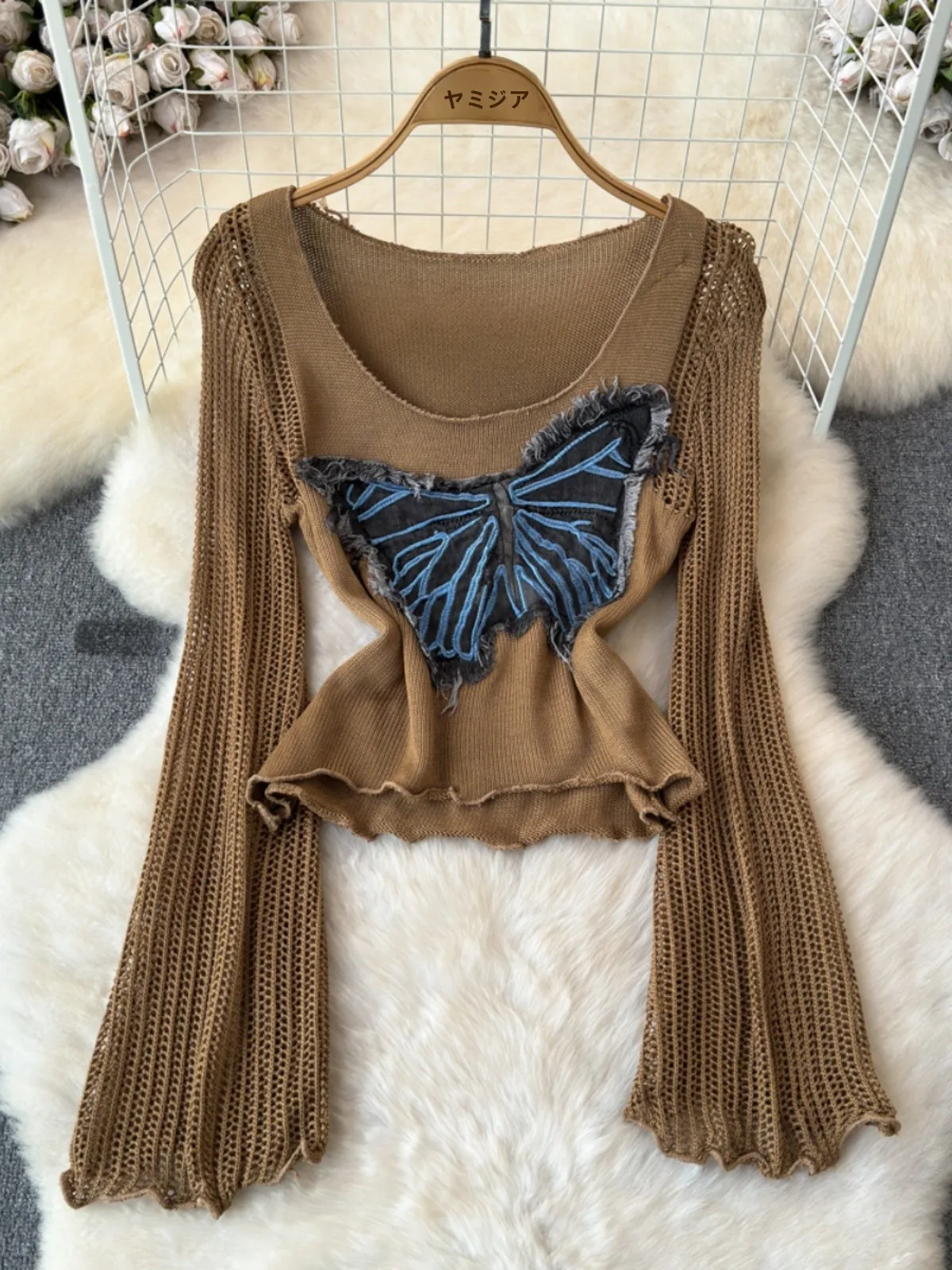 

Ранняя осень Ele Patchwork Spicy Girl Base irt ort Hollow out Flared Sve Женская футболка Design Sense