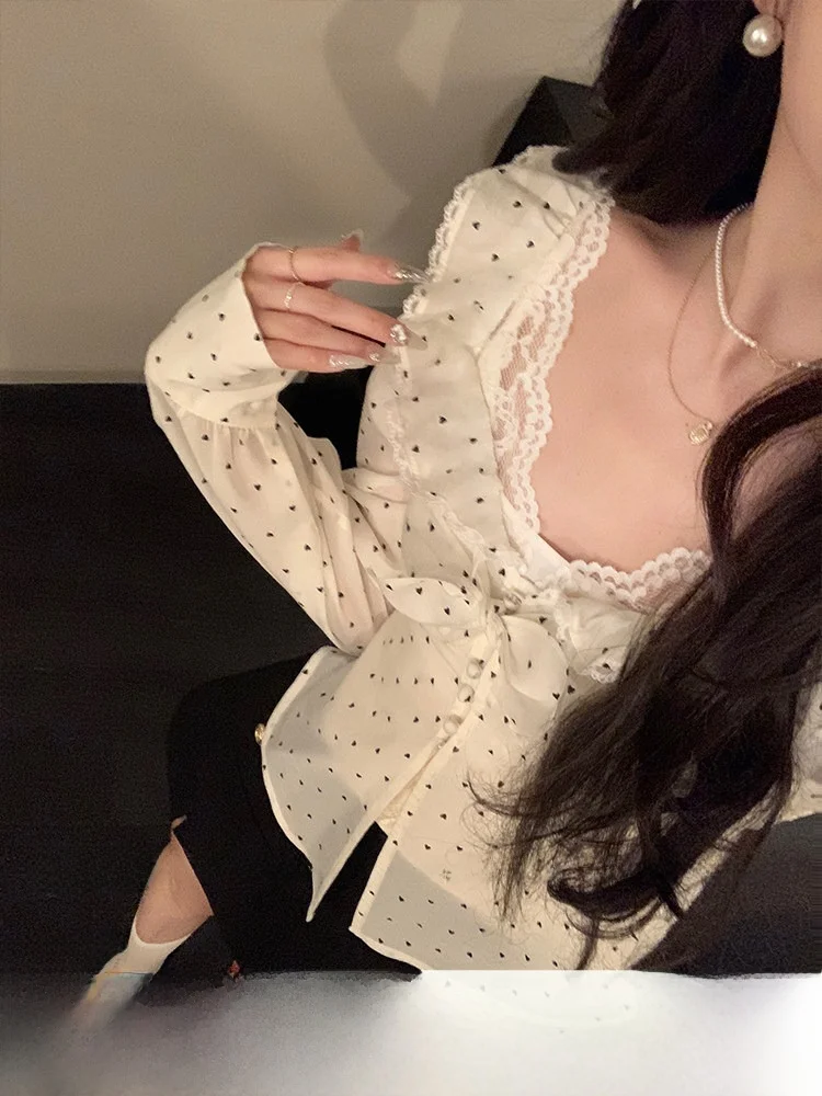 

Acaine White ort Polka Dot Square Collar Women's irt Autumn Base Layer Overlap Faionable Top Sweet Sle Long Sve