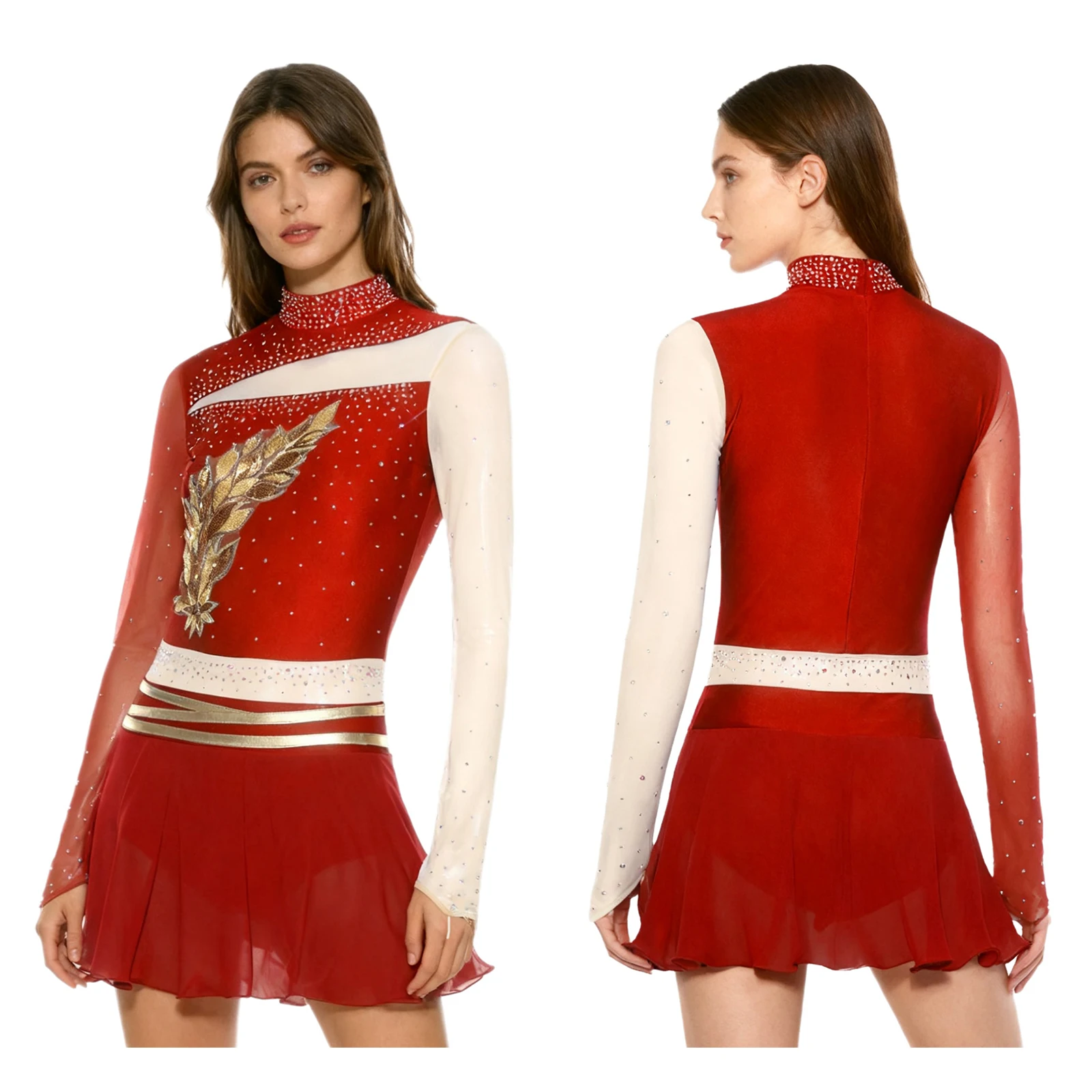 

Women Rhythmic Gymnastics Figure Skating Lyrical Dance Leotard Dress Embroidered Rhinestones Long Sleeve Dress Clothes Dancewear