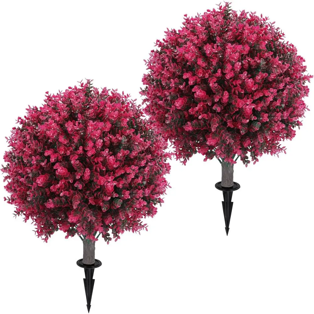 

24 UV-Resistant Artificial Red Eucalyptus Topiary Ball Tree with Ground Spike, Set of 2 Artificial Boxwood Bushes or Boxwood Shr