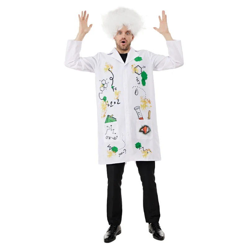 Costume de scientifique fou pour hommes, manteau de laboratoire d'halloween pour adultes avec perruque