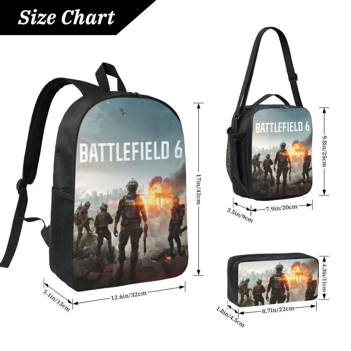 3Pcs Battlefield 6 Funny Games Backpack Set for Kids Pencil Boxes Bookbag Sets with Lunch Box For School Students Knapsack