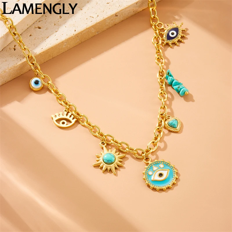 LAMENGLY316l Stainless Steel Turquoise Exaggerated Eyes Eyeball Heart Sun Design Pendant Necklace Women Personal Choker Necklace