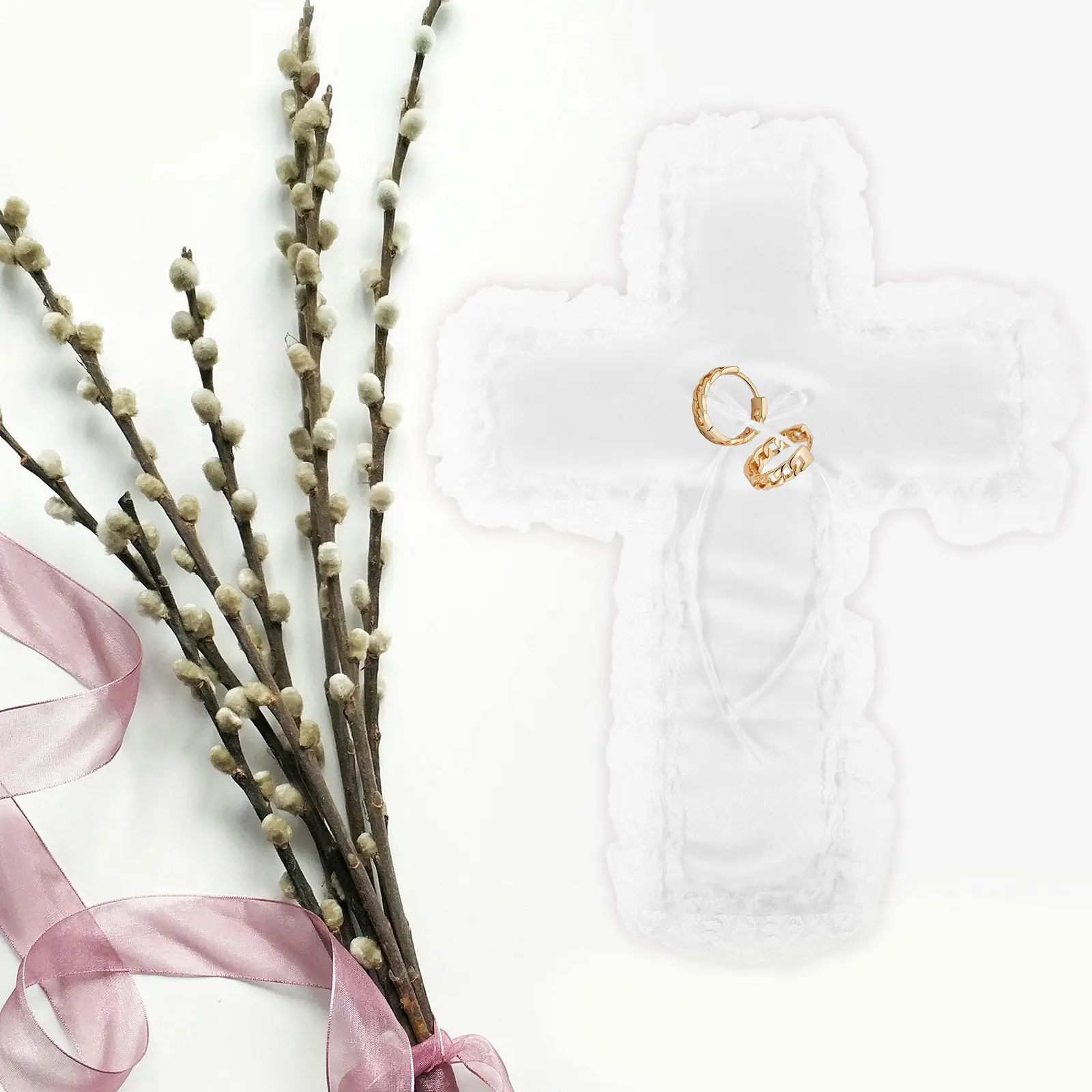 

Подушка для обручальных колец в форме креста с изысканными деталями для церемонии подачи колец, предложения руки и сердца, элегантное украшение, принадлежности для свадебной вечеринки