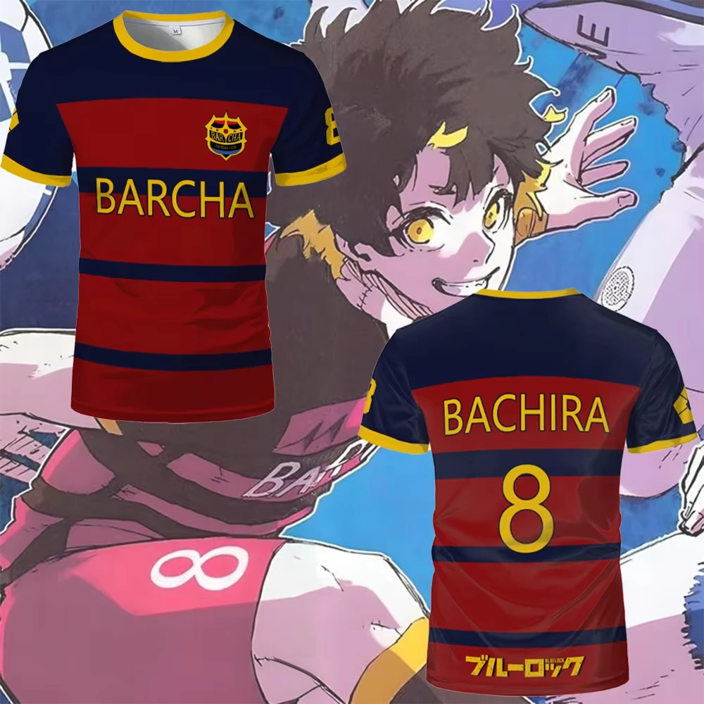 2024 نمط رياضي موضة رجل بنين تي شيرت أزرق قفل FC Barcha أنيمي تأثيري الرجال جيرسي الصيف قصيرة الأكمام الاتجاه المحملة القمم
