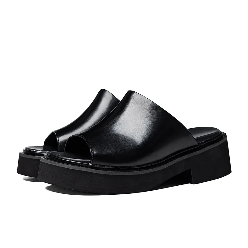 Men's Black Chunky Platform Roman Sandals Strap Open‑Toe Thick‑Sole Leather Footwear