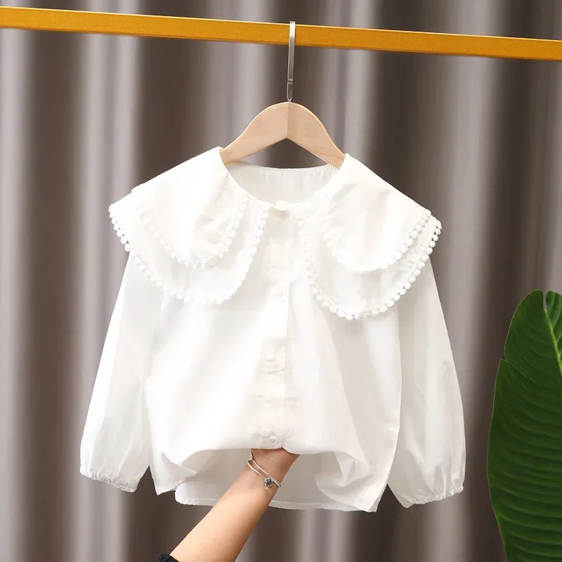 Spring Autumn Baby Toddler Teen Girls Lace Blouse White Children Clothes Long Sleeve School Shirt Kids Tops