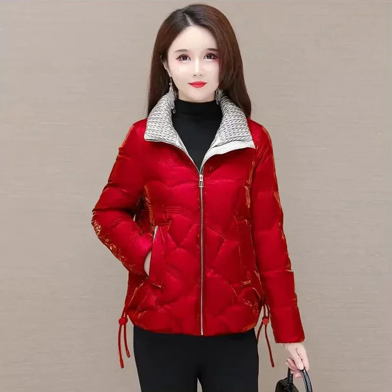 

2024 Women's New Pearlescent Glossy down Cotton-Padded Jacket Short Stand-up Collar All-Match Disposable Cotton-Padded Coat