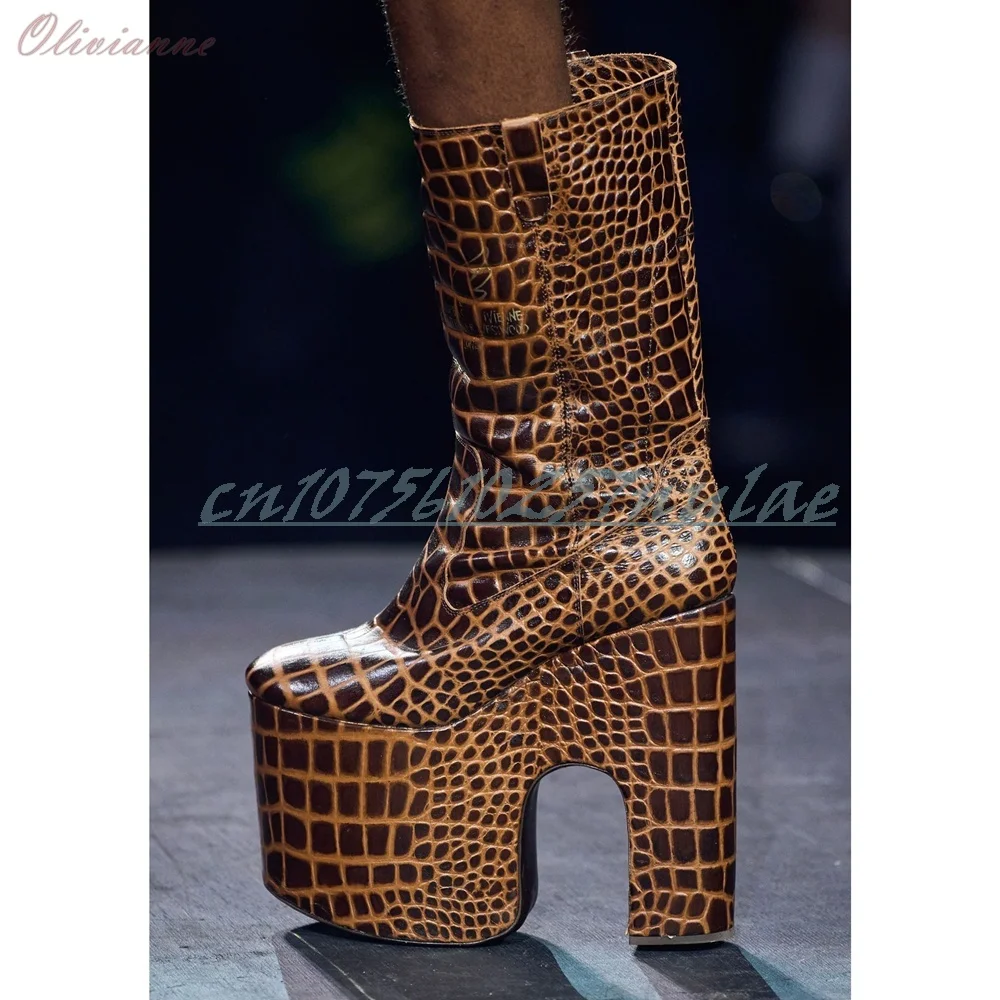 

Женские модные сапоги до середины икры на платформе с каменным принтом в стиле Runway, на массивном высоком каблуке, для вечеринок, весна 2026