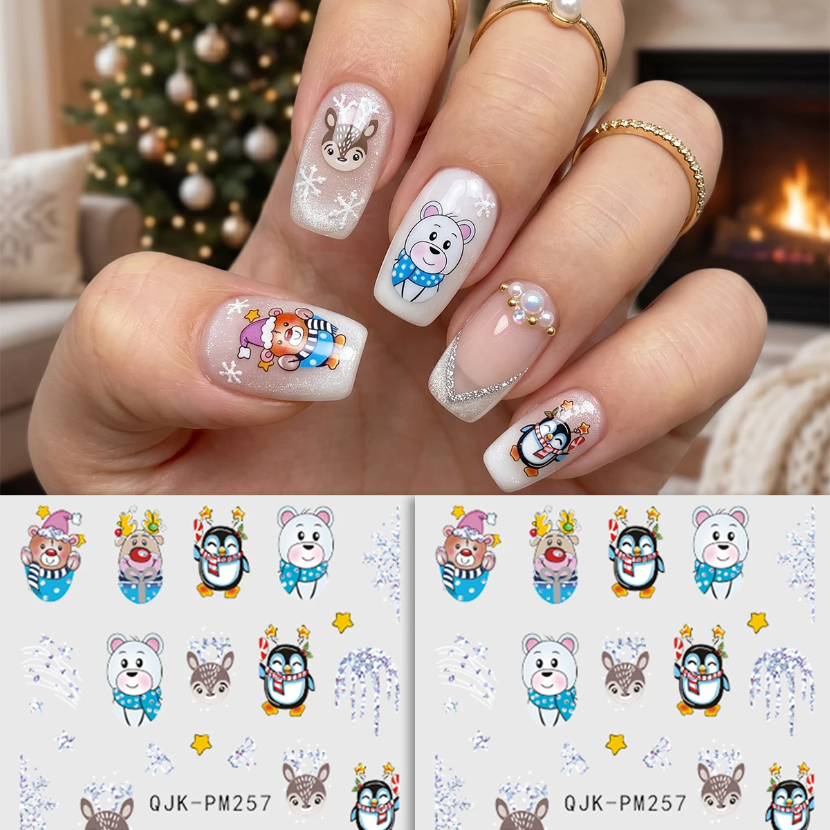 2 Sheets Glitter Snowflake Christmas Nail Art Stickers, Cartoon Bear Penguin Winter Nail Decals, DIY Holiday Nail Decoration