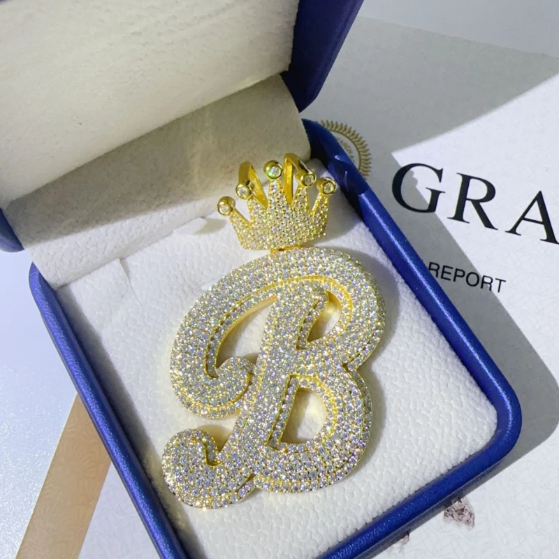 

Hiphop Rock Iced Moissantie B Letter Crown Pendant Pass Diamond Tester 925 Sterling Silver Plated 18k Gold Custom Jewelry