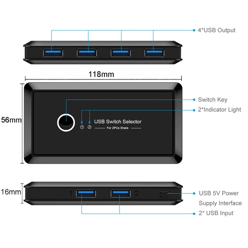 Przełącznik USB przełącznik KVM przełącznik USB 3.0 2.0 przełącznik 2 PC udostępnianie portów 4 urządzenia USB do klawiatury mysz drukarka Monitor