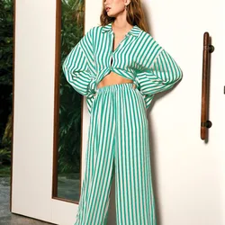 Pajamas for Women Long Sleeve Black White Striped High Waist Wide Leg Pants Two Piece Lounge Set Elegant OL Ladies Casual Suit