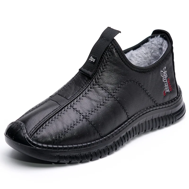 Men Winter Slip On Snow Boots Leather Upper Thick Fleece Lining NonSlip Warm Ankle Booties Elderly Dad Outdoor Walking Shoes