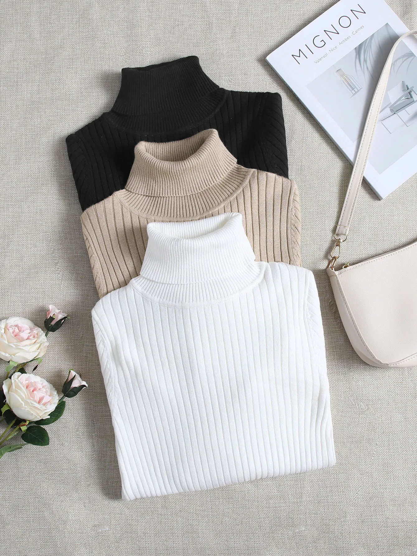 

3pcs Women's Ribbed Turtleneck Pullover Sweaters, Long Sleeve, Autumn Winter Basic Tops