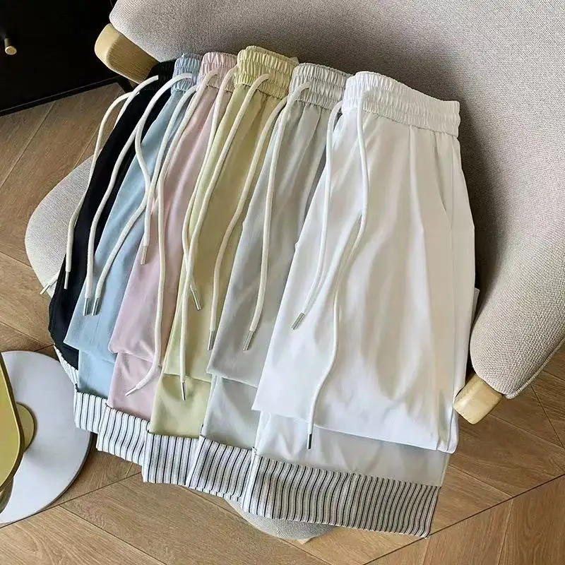 

Japanese Striped Patchwork Wide Leg Pants Loose Drawstring Rolled Up Casual Pants Y2K Streetwear All Match Straight Trousers
