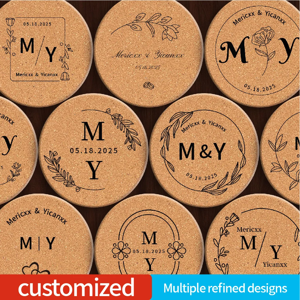 Custom Cork Coasters, Non-Slip Wooden Coasters, Wedding Favors for Guests, Bridal Showers, Corporate Engraved Coasters, Bulk Gifts