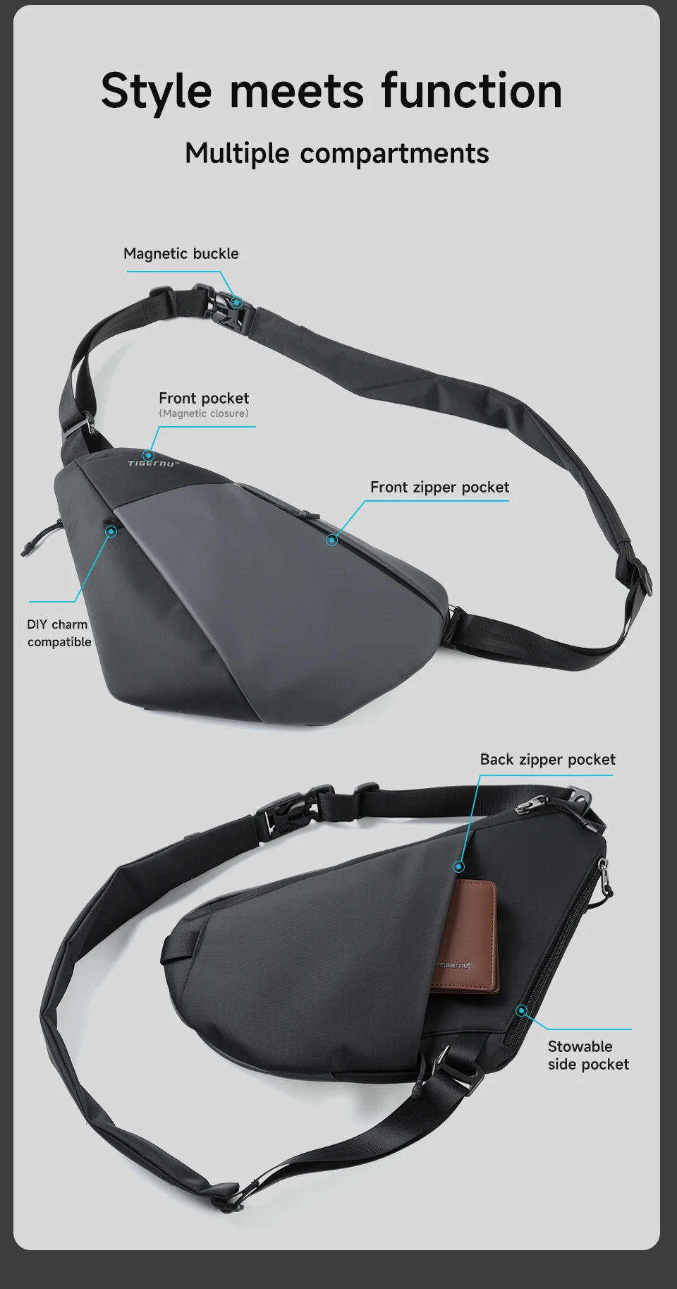 Tigernu Herren-Schultertasche, wasserabweisend, für den täglichen Gebrauch, Umhängetasche mit Magnetverschluss, unregelmäßig geformte Schultertasche. – Detail 3