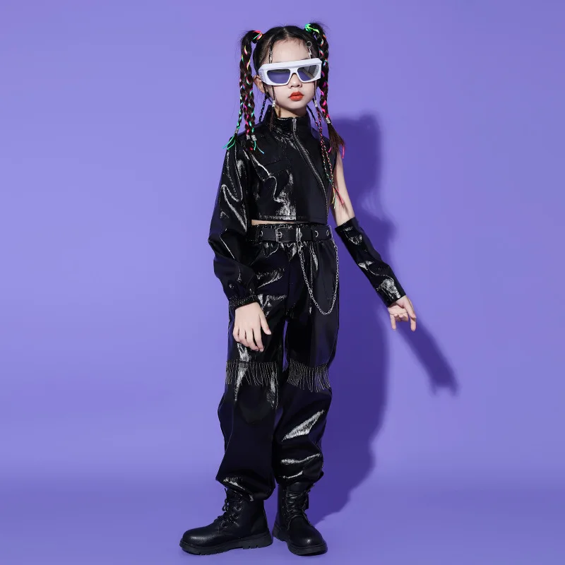 Kid Cool Hip Hop Clothing Black PU Leather Zip up Motorcycle Crop Top Jacket Beads Pants for Girl Jazz Dance Costume Clothes Set