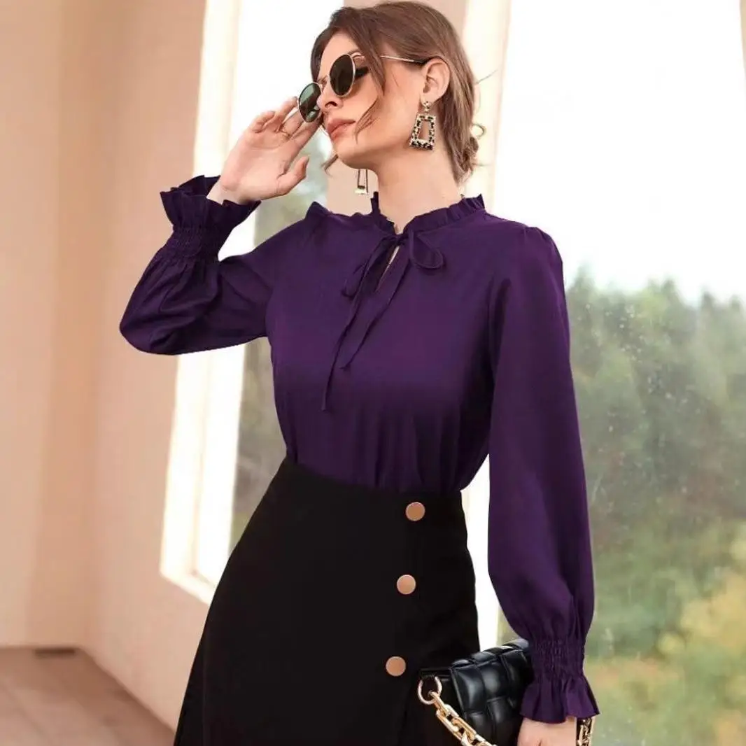 

Silk Shantung Long Sleeve Shirt Women's Commute Style Independent Station Cross-Border Spring Summer New Arrival Pure Color