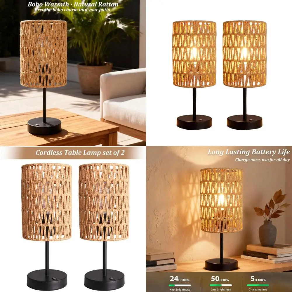 

Перезаряжаемые настольные лампы в стиле бохо из ротанга, работающие от батареек, для улицы, патио, гостиной, балкона, спальни - набор из 2 штук (бежевый)